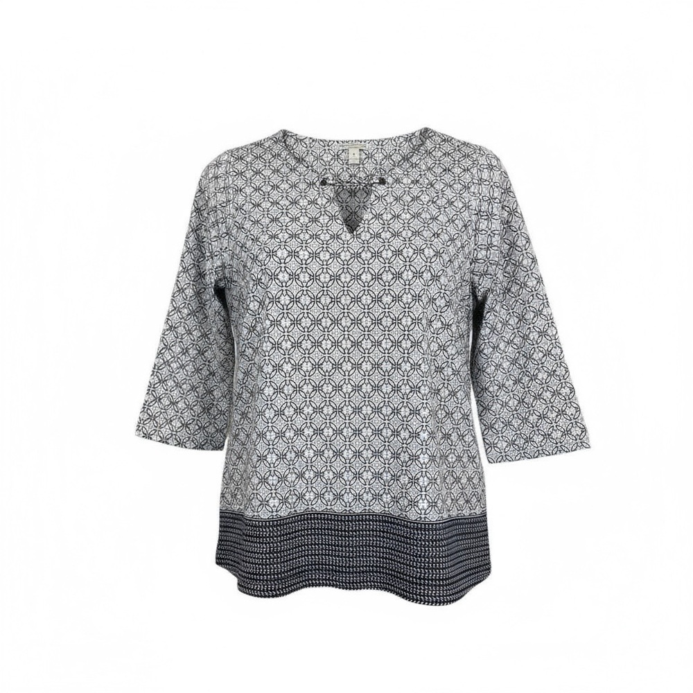 Dana Buchman Navy Blue, Purple and White Patterned Blouse